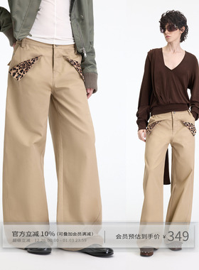 出逃赤岗西 中性风卡其色纯棉撞豹纹弯刀休闲裤男女款中低腰裤子