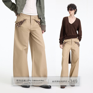 中低腰裤 男女款 子 中性风卡其色纯棉撞豹纹弯刀休闲裤 出逃赤岗西
