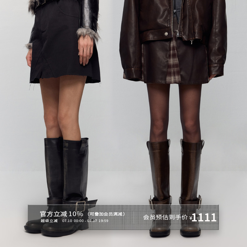 出逃赤岗西 复古擦色皮带扣高筒骑士靴女厚底粗跟绑带长筒靴子