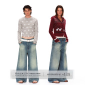 男女中低腰拖地直筒裤 出逃赤岗西 复古做旧蓝落裆宽松阔腿牛仔裤