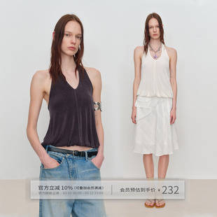 出逃赤岗西 透气醋酸丝棉花苞挂脖背心女U型露背亮片短款无袖上衣