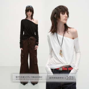 T恤 长袖 出逃赤岗西 设计感立体抽褶斜肩上衣女纯色莱赛尔露肩修身