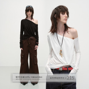 T恤 长袖 出逃赤岗西 设计感立体抽褶斜肩上衣女纯色莱赛尔露肩修身