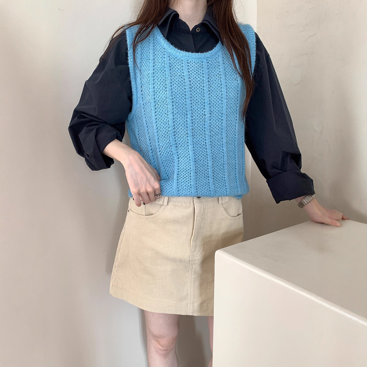 韩系松弛感叠穿针织马甲女2025秋季新款宽松百搭外穿无袖毛衣上衣