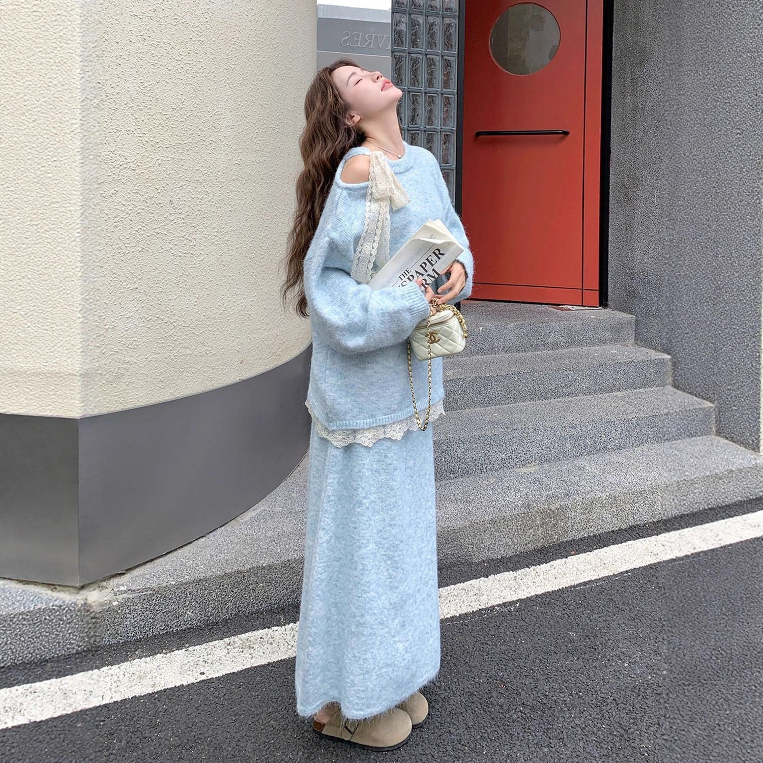 清纯穿搭蓝色蕾丝边毛衣套装女秋休闲运动套装