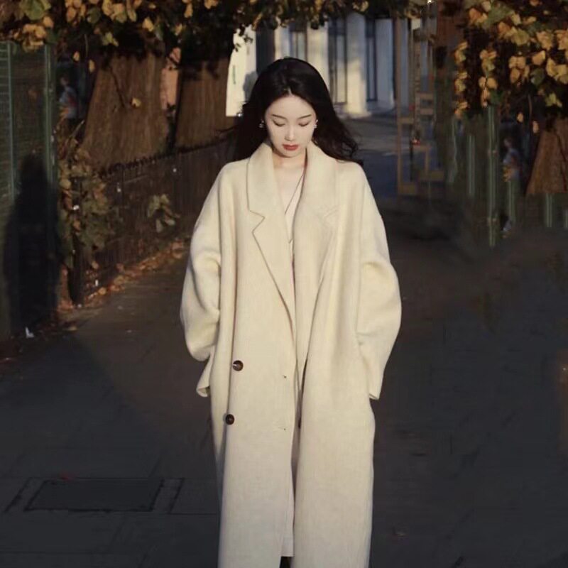 双面羊绒大衣女米白色长袖高端中长款过膝纯色韩版羊毛呢秋冬