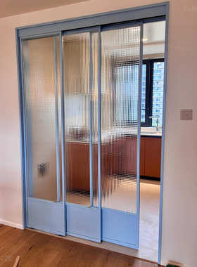 多巴胺蓝色复古厨房推拉门三联动客厅书房隔断门阳台吊轨玻璃移门