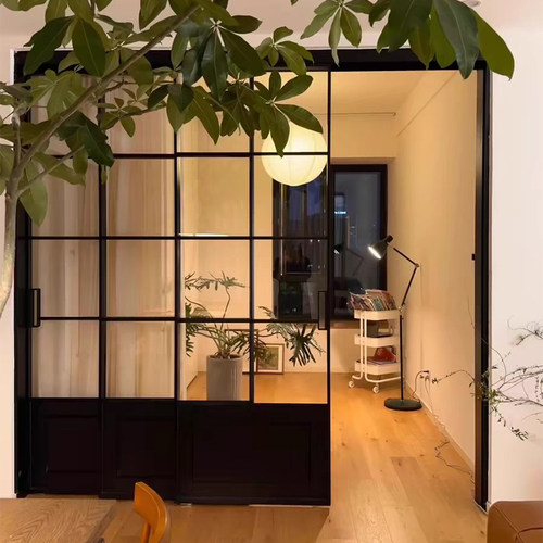 法式复古门中古风定制极窄三联动厨房推拉门阳台隔断吊轨玻璃移门