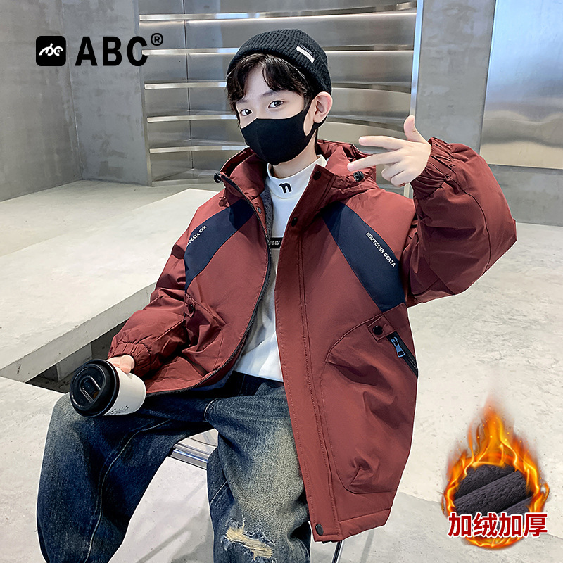 ABC男孩秋冬款派克服中大童2025新款儿童加绒外套6-12岁男童棉服
