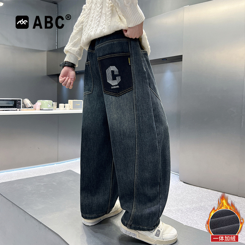 ABC男童加绒牛仔裤2025新款
