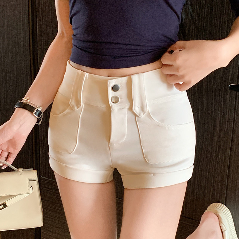 实拍美式白色休闲短裤女夏季高腰紧身裤子辣妹a字包臀热裤外穿