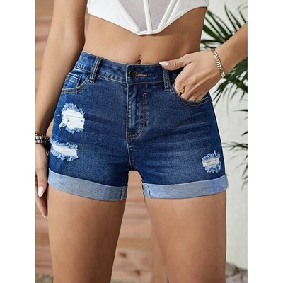 Distressed curled elastic high waisted denim shorts