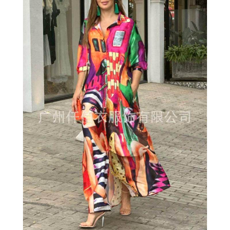 Cross border medium sleeved shirt dress for women