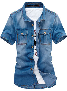 Mens Denim Jean Shirts Men s Cowboy Shirt男士牛仔短袖衬衫