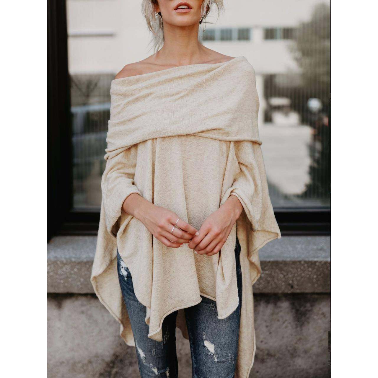 春秋冬季时尚欧美风性感一字肩宽松大码 不规则下摆斗篷上衣T恤女