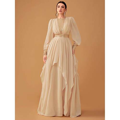 Long Sleeve Floor-length Evening Dress Luxury Shiny Dress