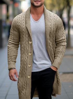 2025秋冬欧美男士中长款针织衫粗针扭花开衫毛织外套Men knitwear