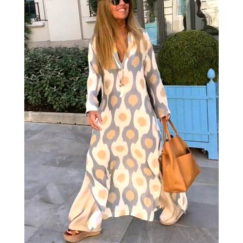 2023 Cross border Printed V-neck Long Dress for Women