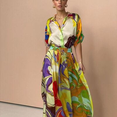 Cross border commuting printed satin casual set