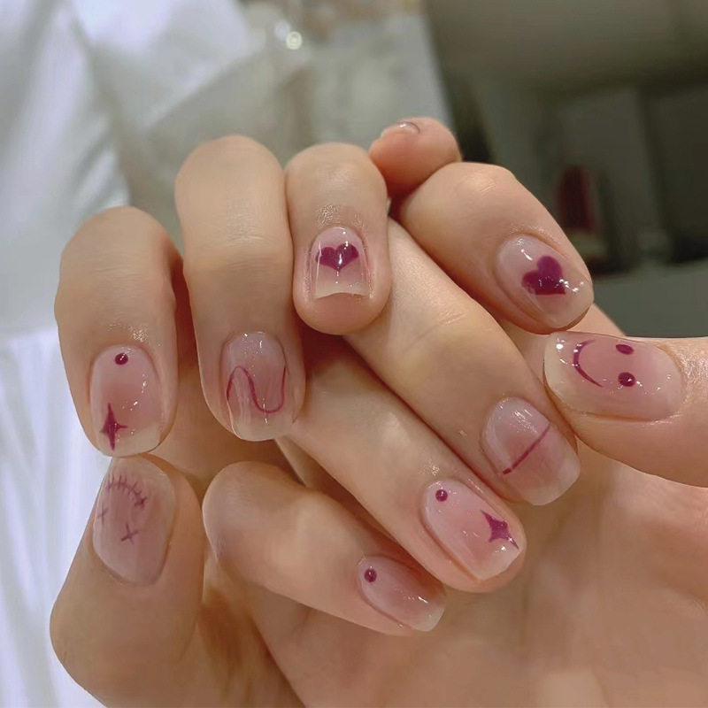 甜辣少女爱心笑脸穿戴甲~夏日个性腮红短款美甲假指甲贴片