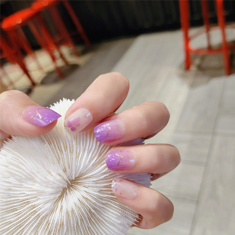 夏日清新淡紫色穿戴美甲短款梦幻跳色假指甲贴片少女学生