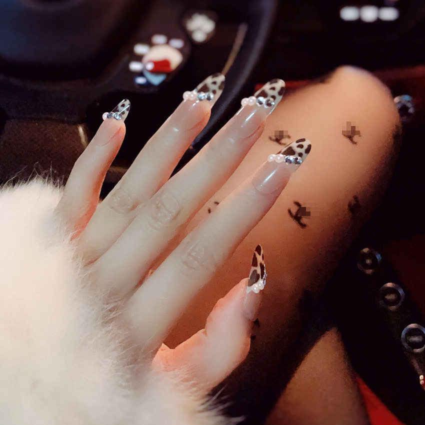 豹纹斜边法式穿戴美甲气质珍珠小钻长圆头假指甲贴片少女