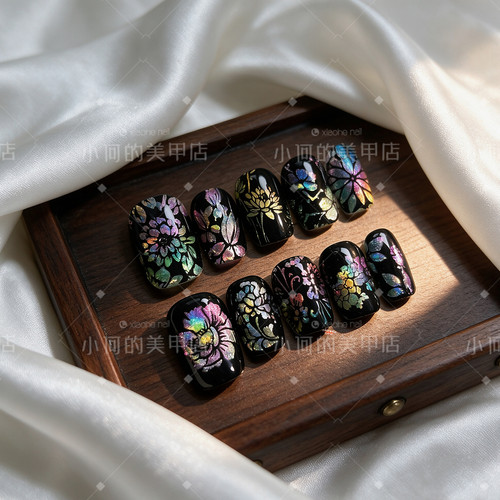 SS【碎彩幽花】小何家纯手工穿戴甲·高级手绘美甲贴片