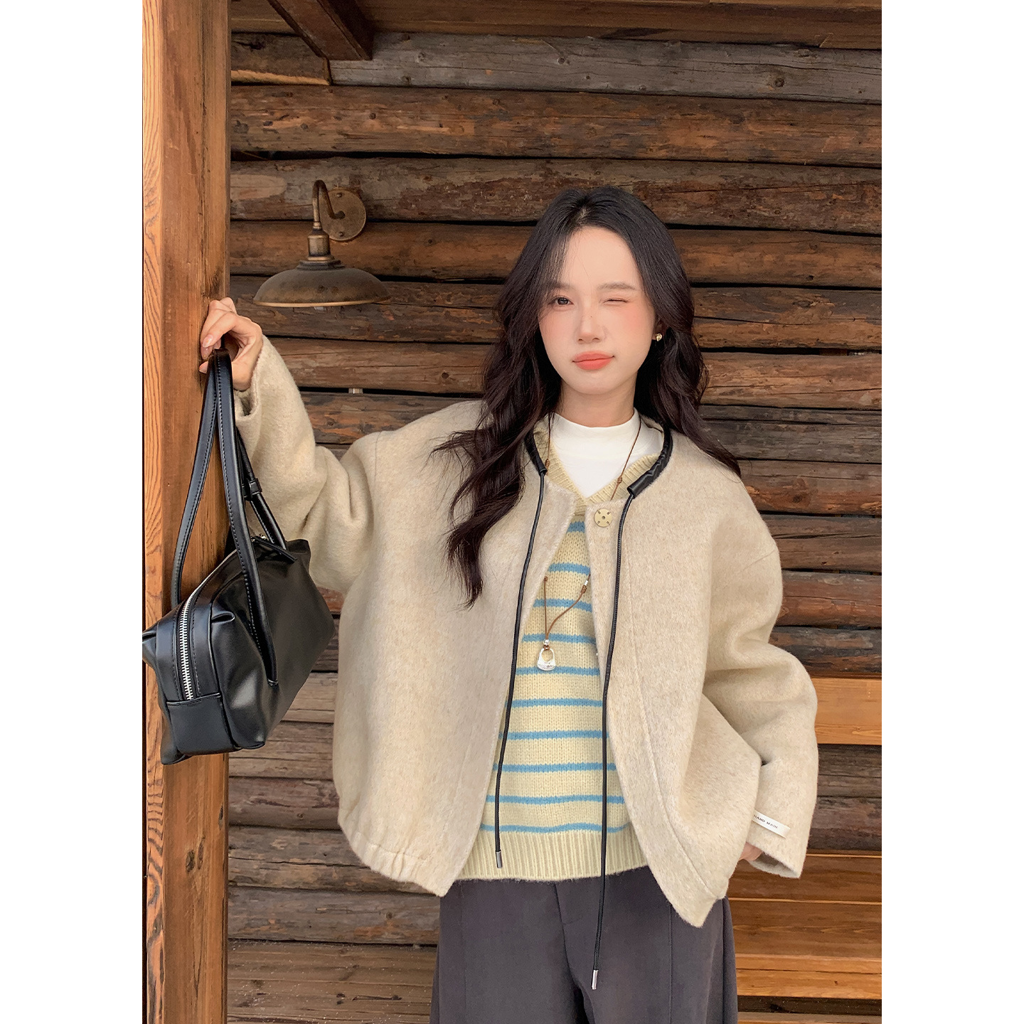 韩女的秘密“city walk”系带质感70羊毛双面呢外套女休闲夹克