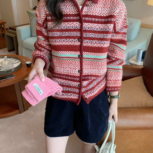 SUSAN-一眼爱住韩系古着费尔岛翻领撞色条纹提花毛衣6608s