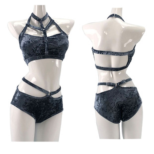 钢管舞藏蓝色练功服表演性感丝绒挂脖演出服中低腰商演大气舞蹈服