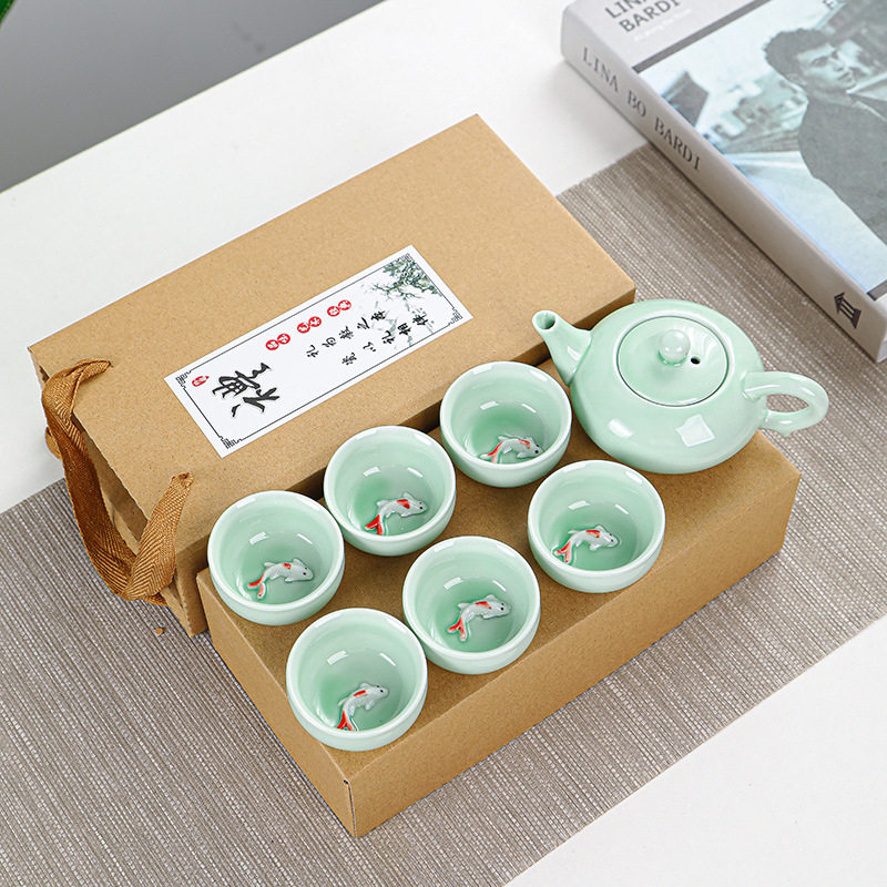 青瓷小鱼便携茶具套装6杯图片