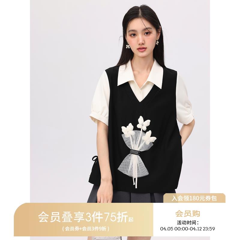 爱蔷薇大码短袖衬衫2025新款女衬衣高级感夏季假两件立体花朵上衣