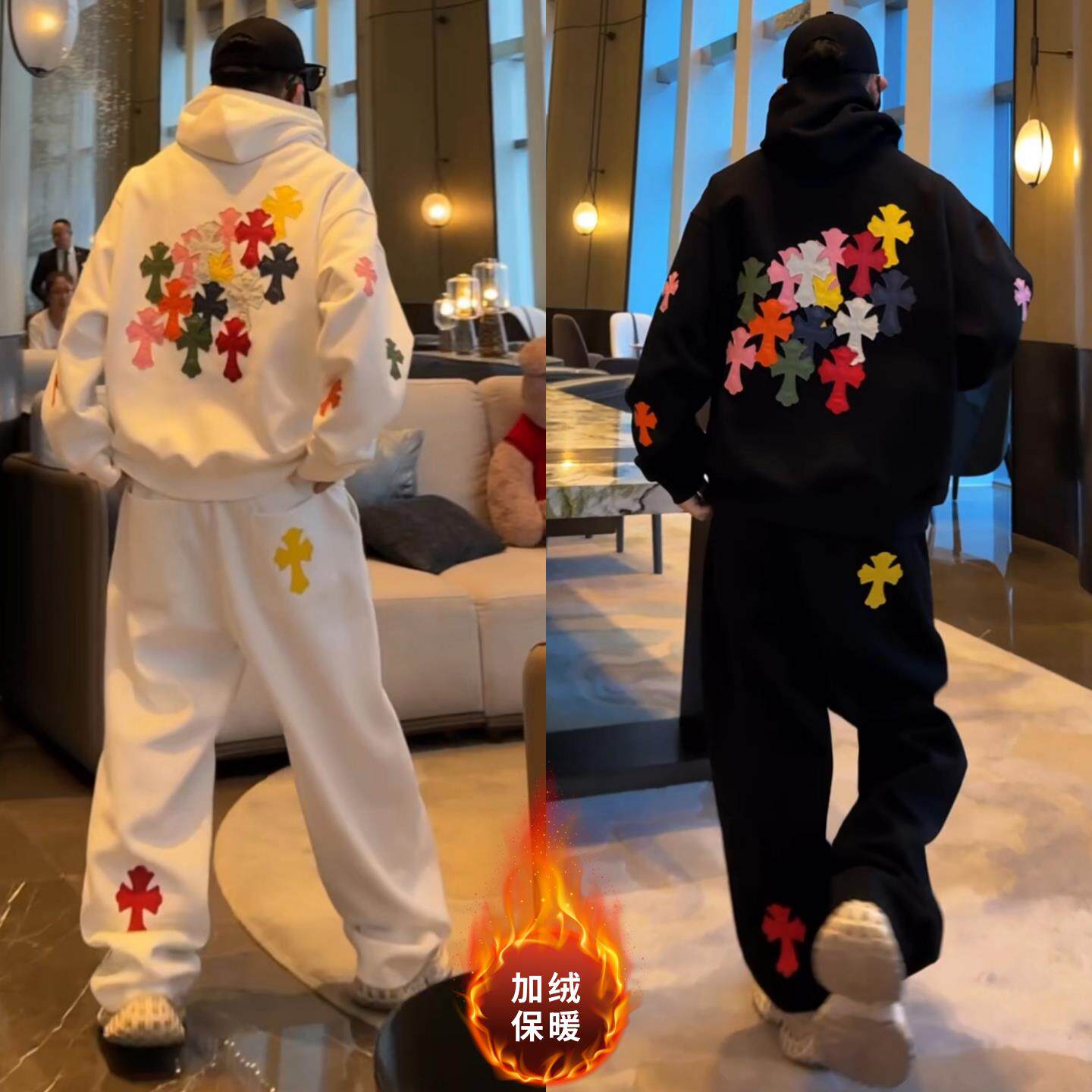 炫彩十字架休闲套装秋季新款男士美式潮流高街风个性连帽卫衣卫裤