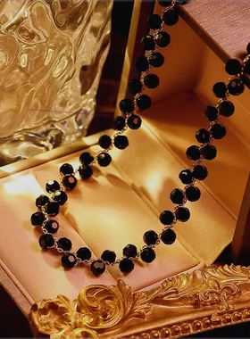 铜合金亚克力项链 星火时尚气质精致轻奢黑色珠珠项链颈链