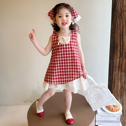 女童红色格子森系连衣裙2025夏季新款儿童宝宝洋气时髦公主背心裙