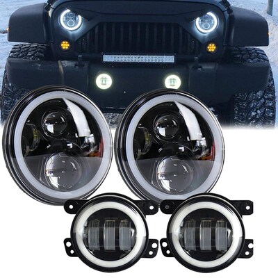 7 inch Wrangler LED Headlights + 4 inch LED Fog Lights Halo
