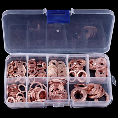 200Pcs/Box Copper Washer Gasket Nut and Bolt Set Flat Ring S