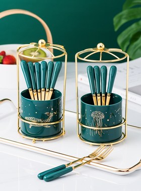 Nordic Ceramic Stainless Steel Fruit Fork Storage Tube Desse