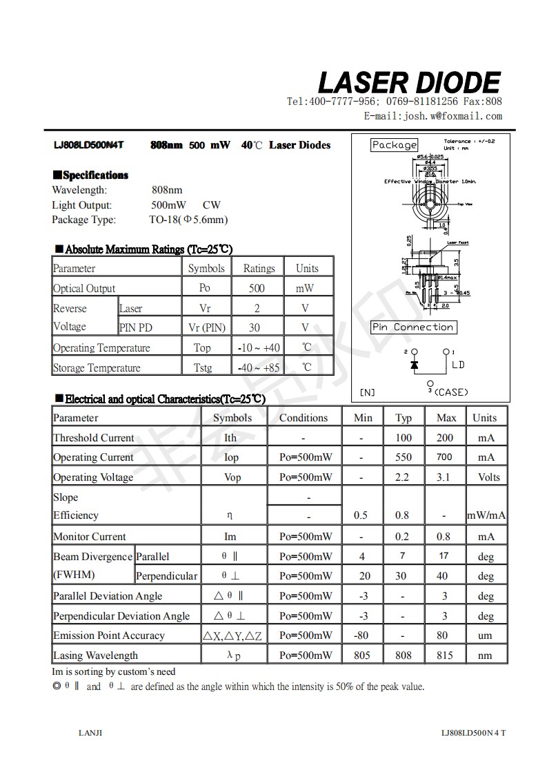 808nm 810nm 500mW DIY/LAB Infrared IR 5.6mm Laser/Lazer Diod