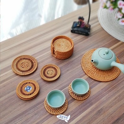 1PC Round Natural Rattan Coasters Bowl Pad Handmade Insulati