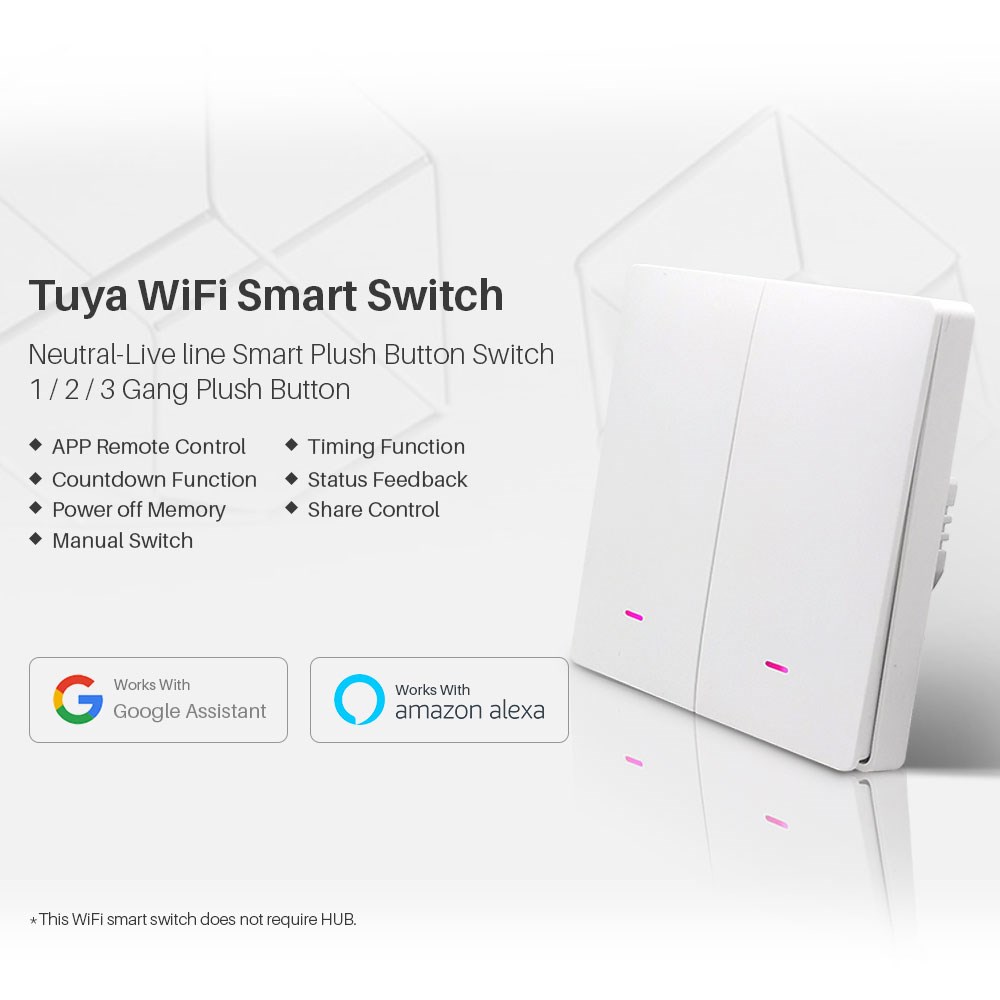 2Gang Smart WiFi Light Switch Push Button Tuya APP Remote Co