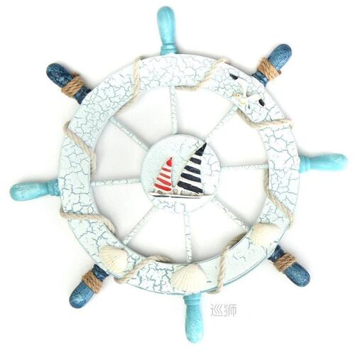 Nautical Beach Wooden Boat Ship Steering Wheel Fishing Net S