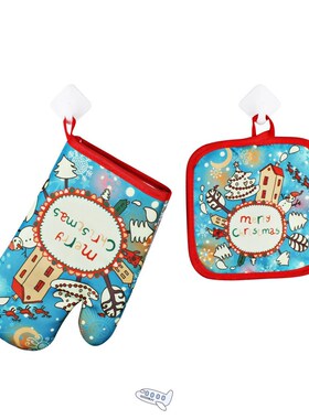 2pcs/set Christmas Baking Anti-Hot Gloves Pad Oven Dining BB