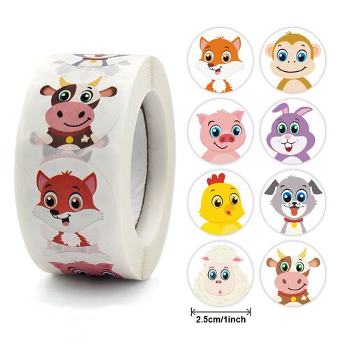 50-500pcs Cute Cartoon Animals Reward Stickers 1 inch Seal L