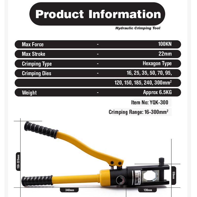 16-300mm Hydraulic Crimper 16 Ton Hydraulic Wire Crimper YQK