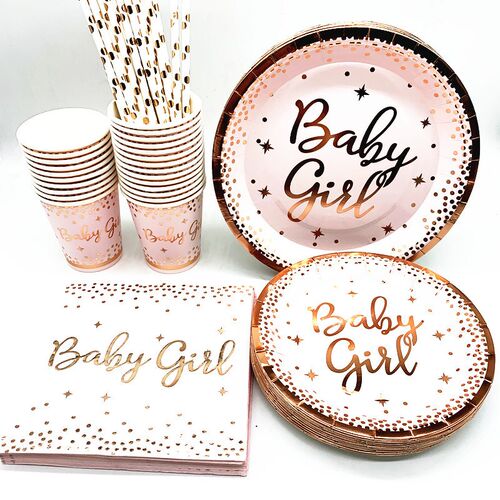 Rose Gold Baby Girl Party Disposable Tableware First 123 Gir