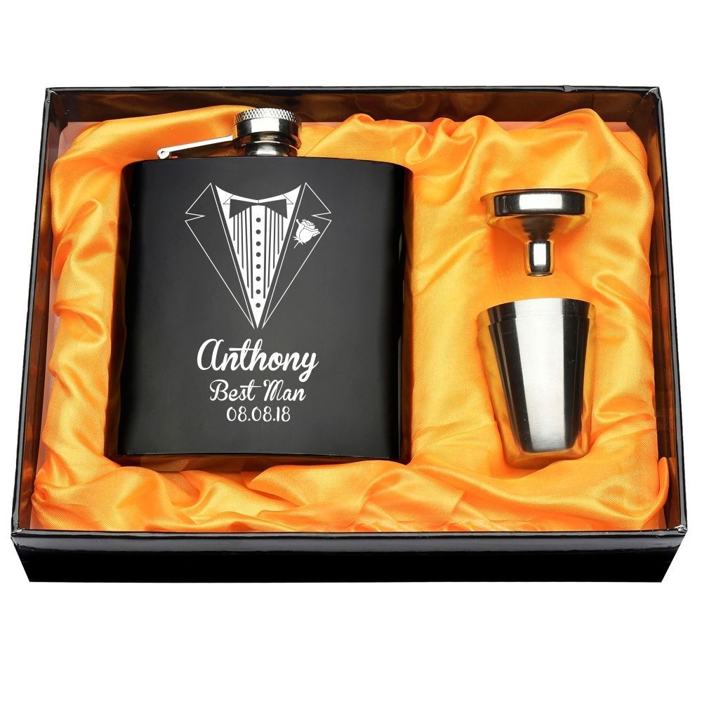 set of engraved customized 6oz black hip flask set funnel b