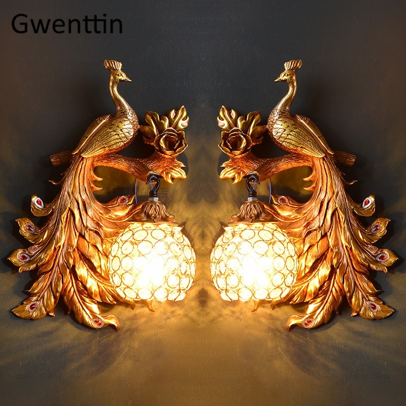 Vintage Gold Peacock Wall Lamp European Crystal Sconce Wall