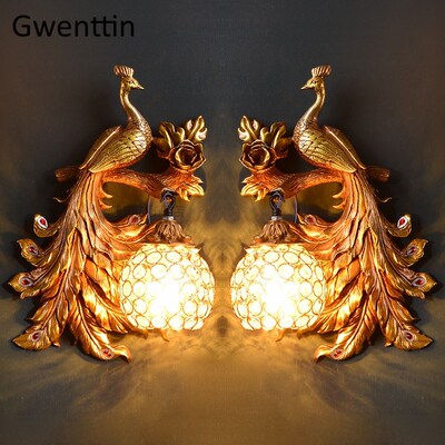 Vintage Gold Peacock Wall Lamp European Crystal Sconce Wall