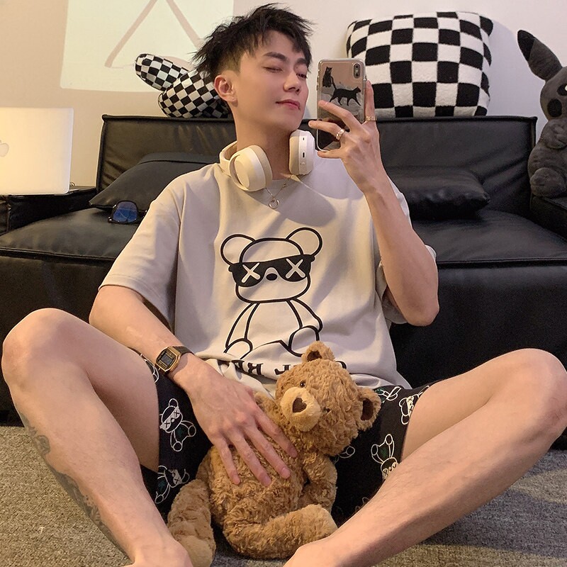 睡衣男士夏季短袖纯棉青少年卡通男生大码潮家居服套装时尚可外穿